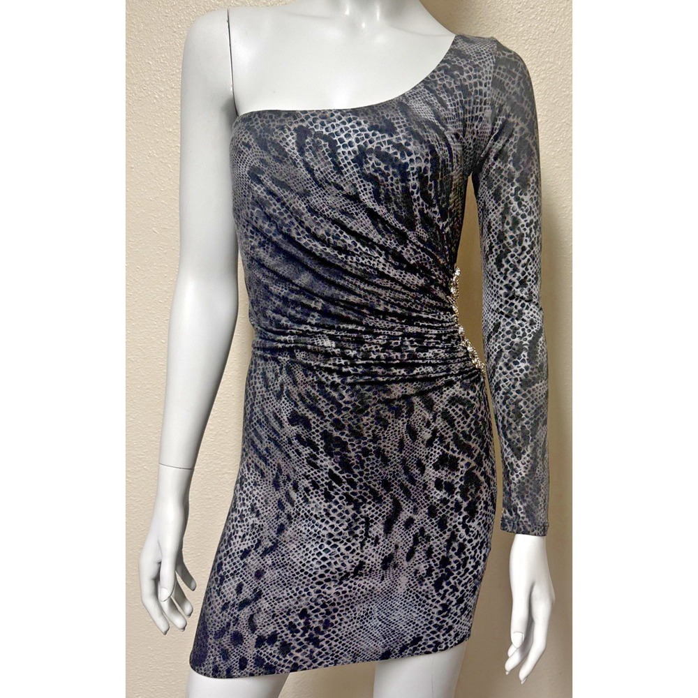 Dress Y2k Jeweled Tigers Mini‎ Bodycon Club Med Sky One Shoulder Snakeskin Print